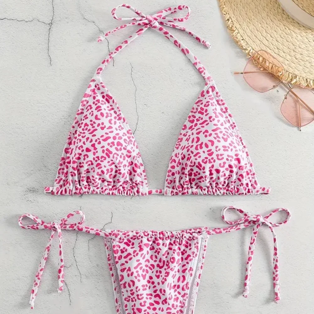 2 Piece Swimsuit, Halter Tide Side Triangle Bikini, Spaghetti Strap - Pink